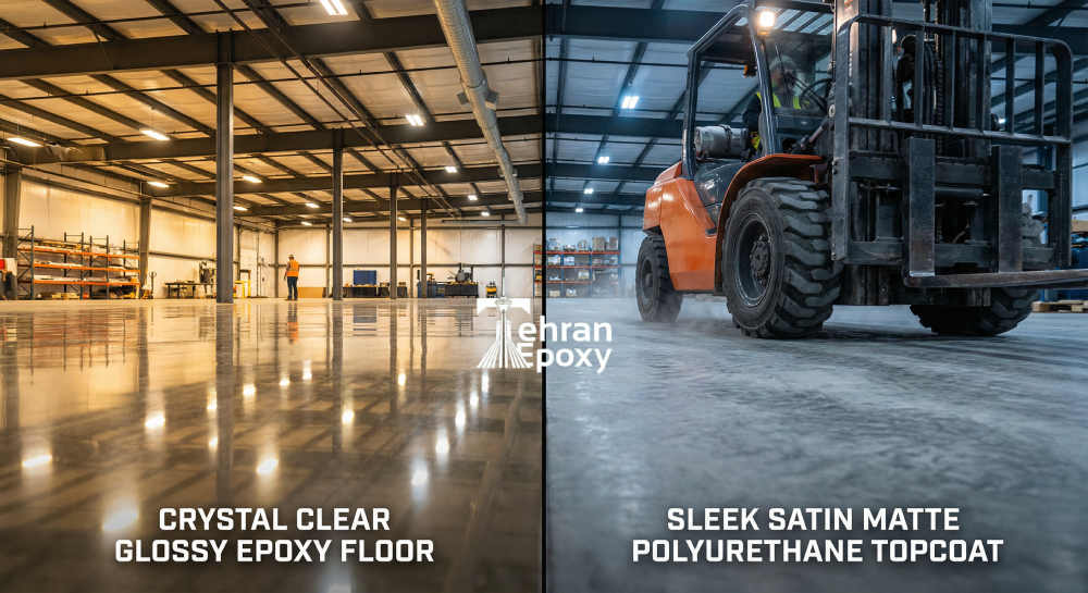 مقایسه بصری براقیت لاک اپوکسی و مقاومت لاک پلی اورتان در یک پروژه صنعتی مدرن
