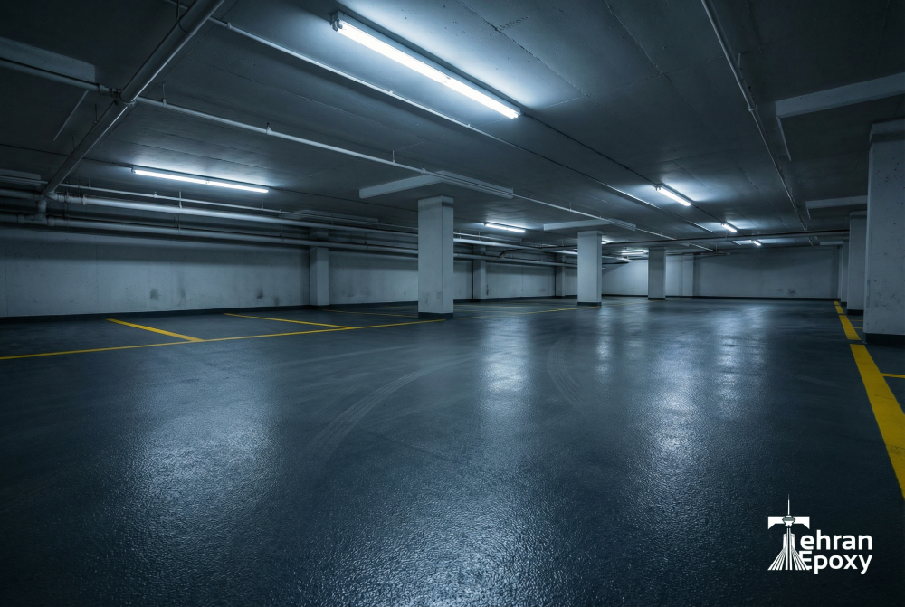 کفپوش اپوکسی پارکینگ با خطکشی ترافیکی و سطح پوست پرتقالی ضدلغزش