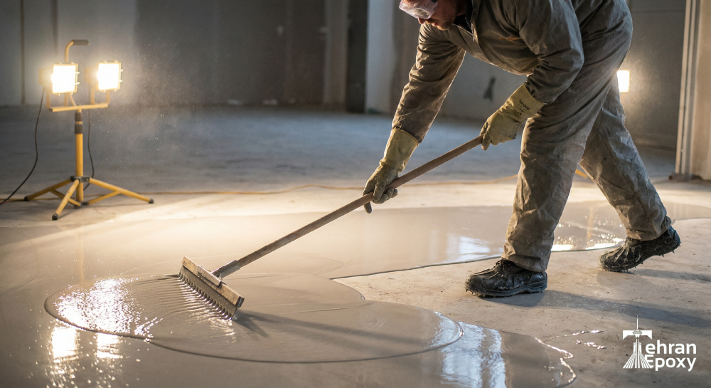 متخصص در حال اجرای لایه سلف لول اپوکسی با ابزار تخصصی روی سطح بتنی