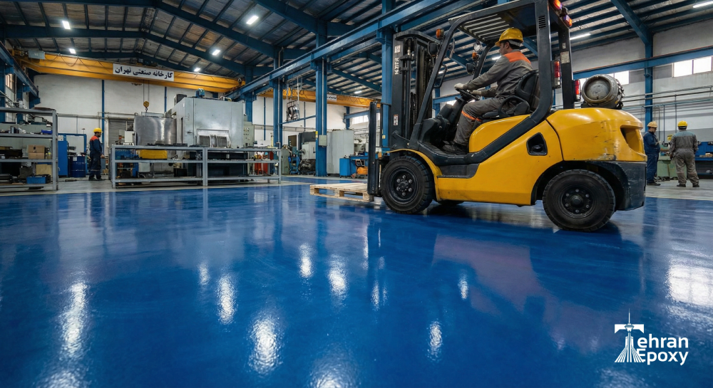 کفپوش اپوکسی صنعتی مقاوم در برابر ترافیک سنگین و لیفتراک در کارخانه تولیدی