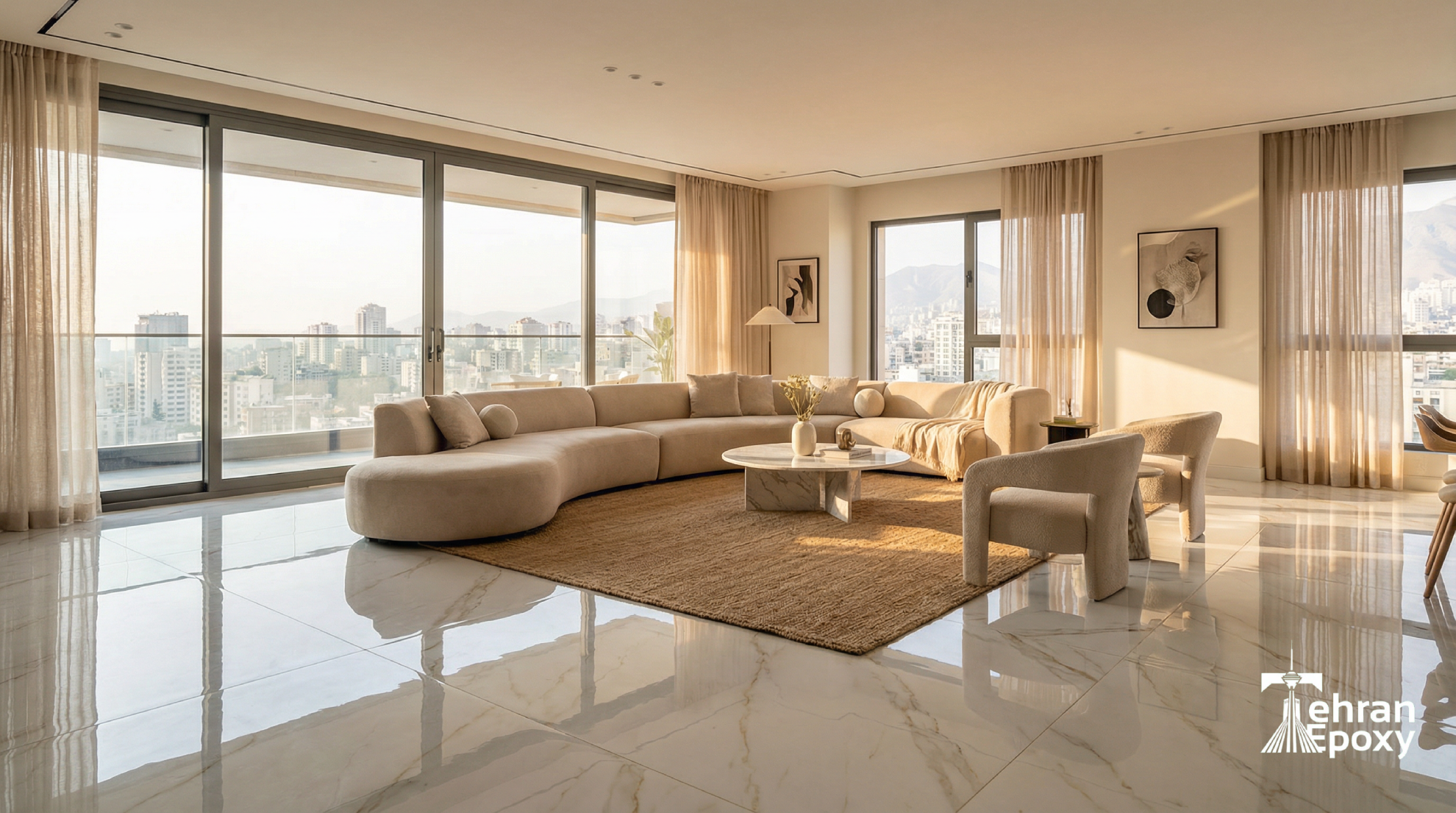 کفپوش اپوکسی طرح سنگ در پذیرایی خانه مدرن تهران